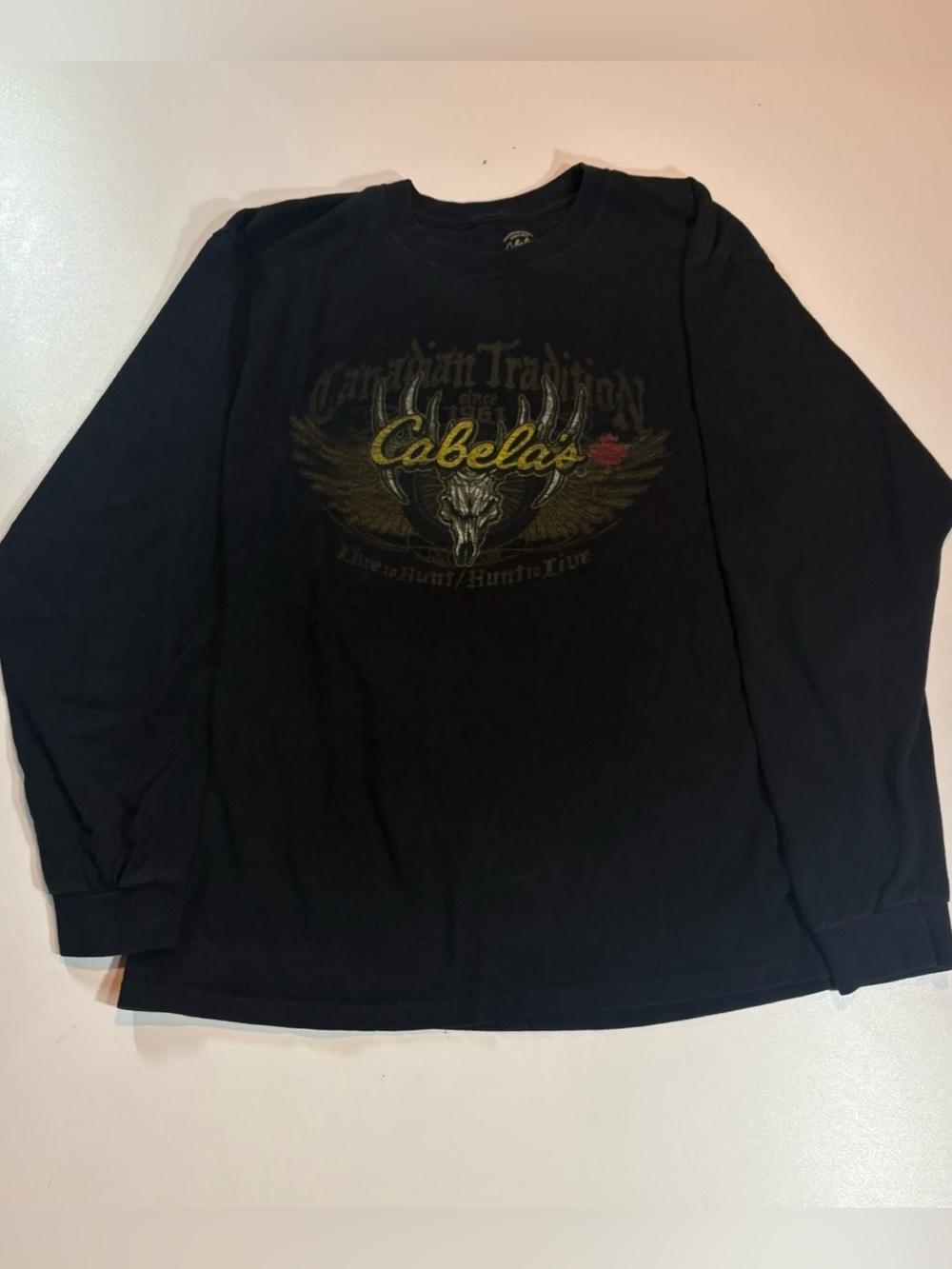 Y2K Cabelas Men's Black Long-Sleeve Graphic Tee with Antler Emblem.